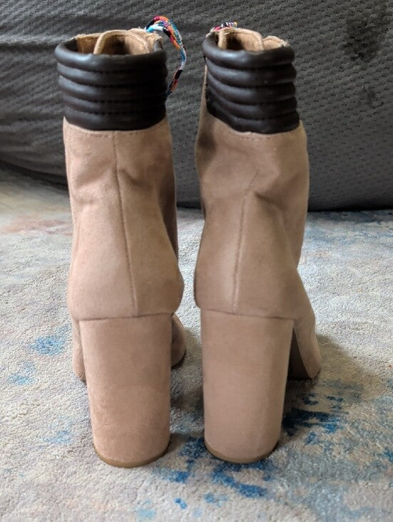 Qupid Suede Lace-Up Peep Toe Ankle Boots in Taupe Women's 7 US/ 5 UK