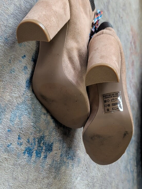 Qupid Suede Lace-Up Peep Toe Ankle Boots in Taupe Women's 7 US/ 5 UK
