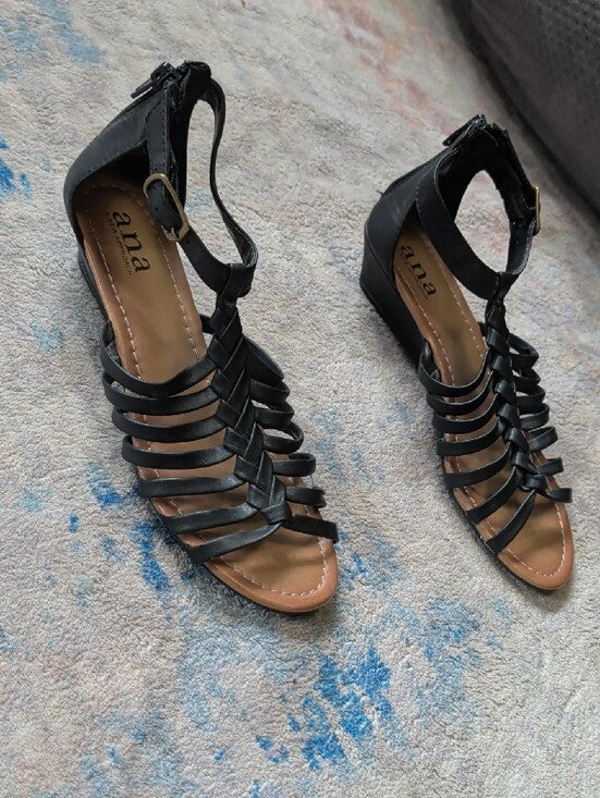 a.n.a Braided Black Gladiator Strappy Ankle Buckle Platform Sandals Women's 6 US