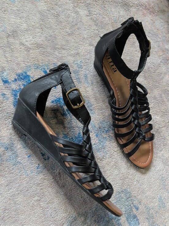 a.n.a Braided Black Gladiator Strappy Ankle Buckle Platform Sandals Women's 6 US