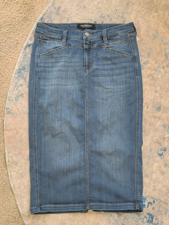 Liverpool Stretch Dark Blue Denim Midi Pencil Skirt W/ Pockets Women's 8/29 US