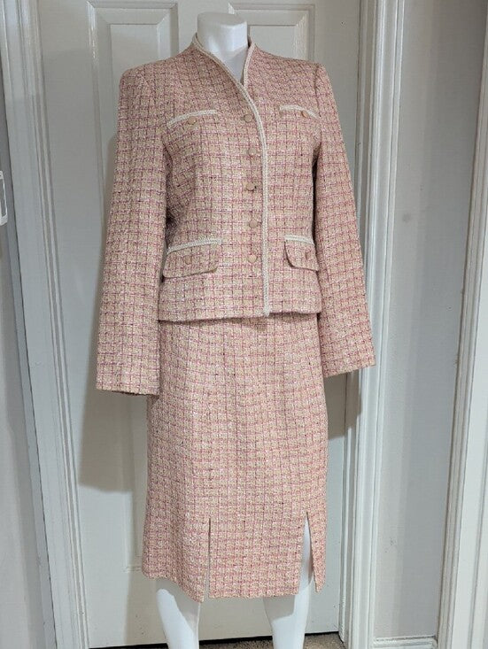 Sag Harbor Pink Acrylic Tweed Pencil Skirt Suit Set Women's 10 US