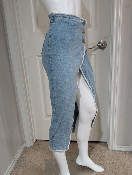 Sincerely Jules Light Blue Denim Wrap Midi Skirt with Front Slit Women's 0/24 US
