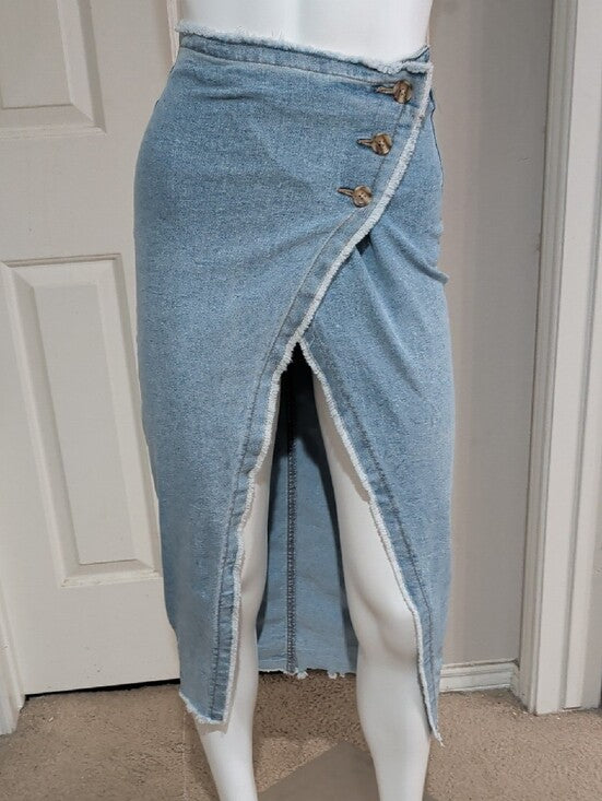 Sincerely Jules Light Blue Denim Wrap Midi Skirt with Front Slit Women's 0/24 US