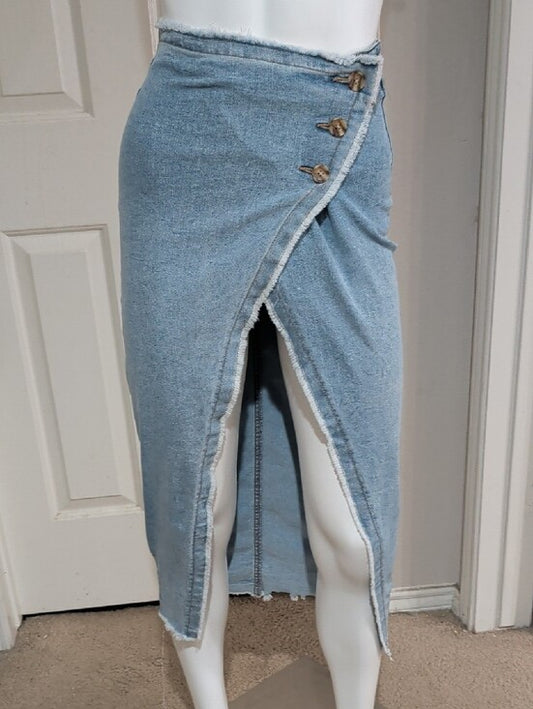 Sincerely Jules Light Blue Denim Wrap Midi Skirt with Front Slit Women's 0/24 US
