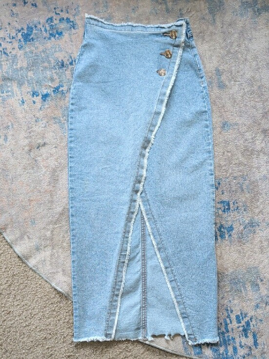 Sincerely Jules Light Blue Denim Wrap Midi Skirt with Front Slit Women's 0/24 US