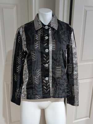 French Laundry Black & Silver Patchwork Embroidered Button-Up Blazer Women's S