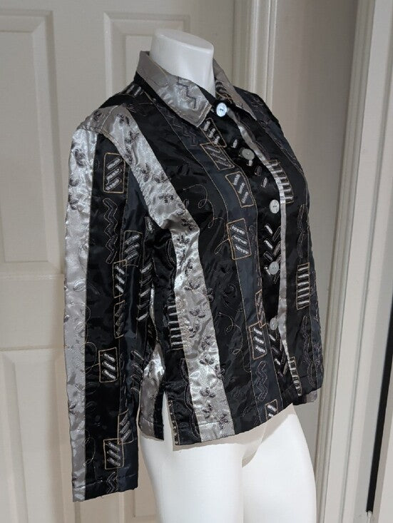 French Laundry Black & Silver Patchwork Embroidered Button-Up Blazer Women's S