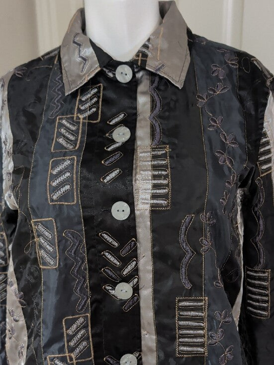 French Laundry Black & Silver Patchwork Embroidered Button-Up Blazer Women's S