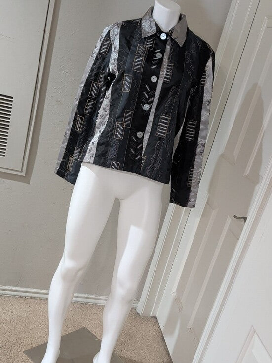 French Laundry Black & Silver Patchwork Embroidered Button-Up Blazer Women's S