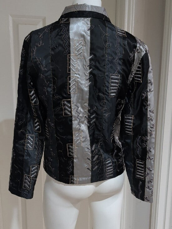 French Laundry Black & Silver Patchwork Embroidered Button-Up Blazer Women's S