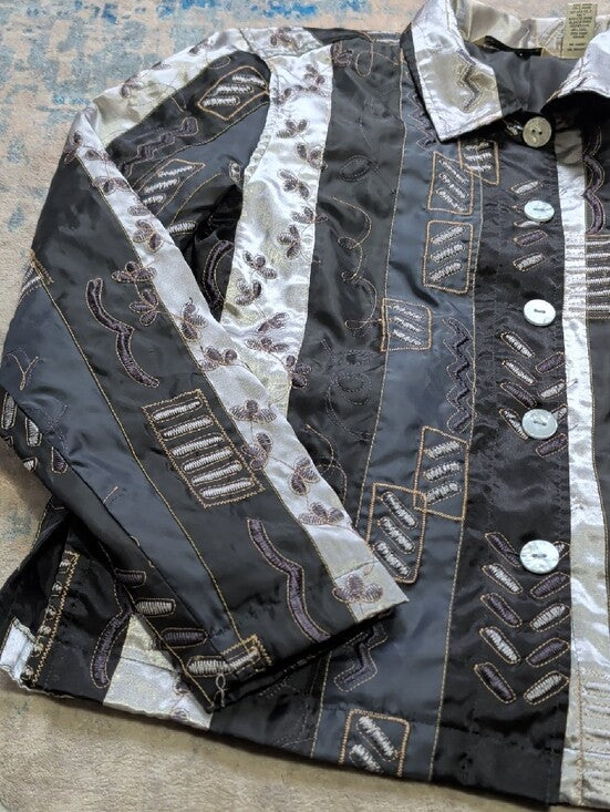 French Laundry Black & Silver Patchwork Embroidered Button-Up Blazer Women's S