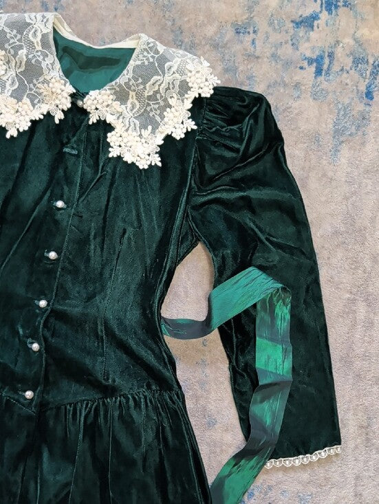 VTG Sarah Kent Emerald Green Velvet Dress w/ Lace Collar Girls 10-12 (Youth Medium)