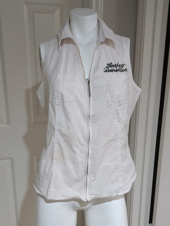 Harley-Davidson White Sleeveless Zip Front Shirt w/ Embroidered Logo Women's 1X US