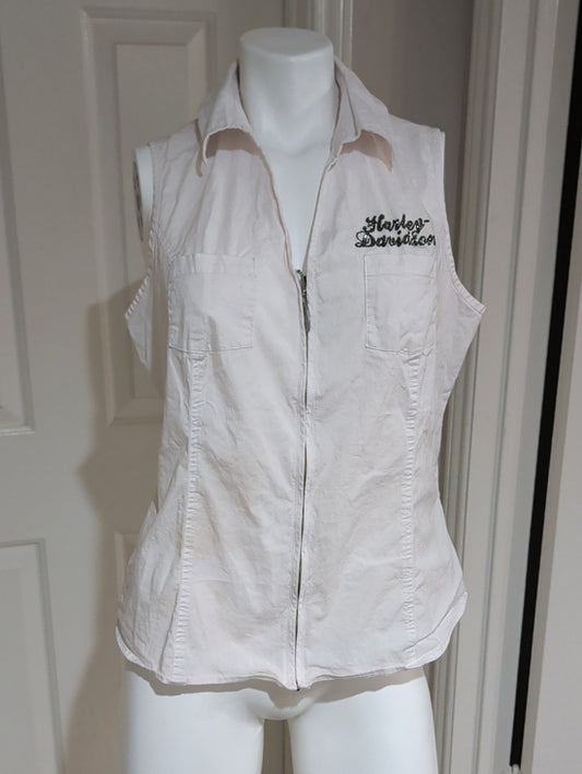 Harley-Davidson White Sleeveless Zip Front Shirt w/ Embroidered Logo Women's 1X US