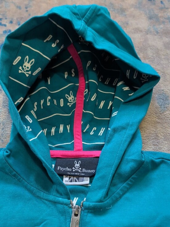 Psycho Bunny Kids Teal Hooded Zip-Up Jacket w/ Bunny Patch Boy's Medium (10-12)