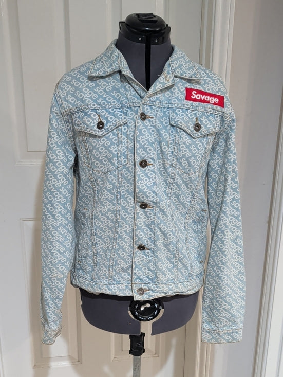 Savage Denim Monogram Logo Print Trucker Jean Jacket Men's Medium Y2K