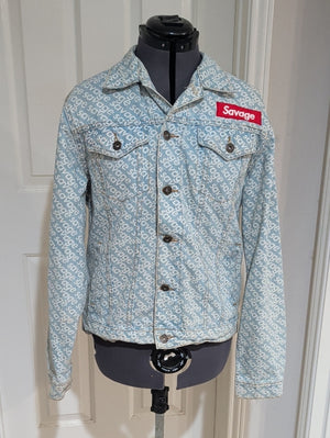 Savage Denim Monogram Logo Print Trucker Jean Jacket Men's Medium Y2K