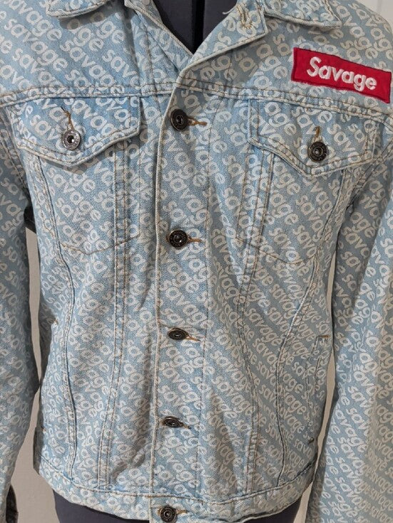 Savage Denim Monogram Logo Print Trucker Jean Jacket Men's Medium Y2K