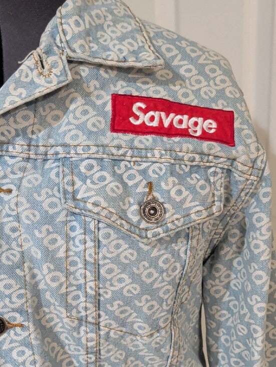 Savage Denim Monogram Logo Print Trucker Jean Jacket Men's Medium Y2K