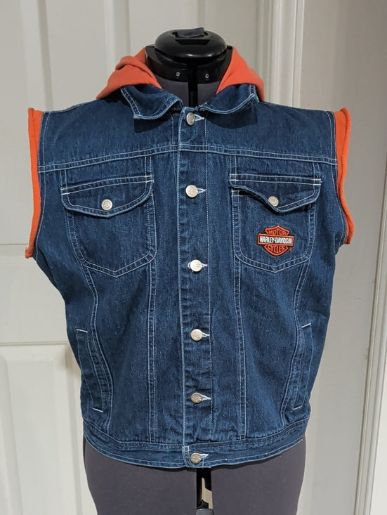 Harley-Davidson Orange Hooded Denim Jean Vest Men's Large (14/16) US New