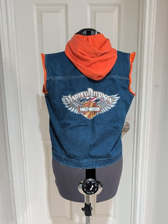 Harley-Davidson Orange Hooded Denim Jean Vest Men's Large (14/16) US New