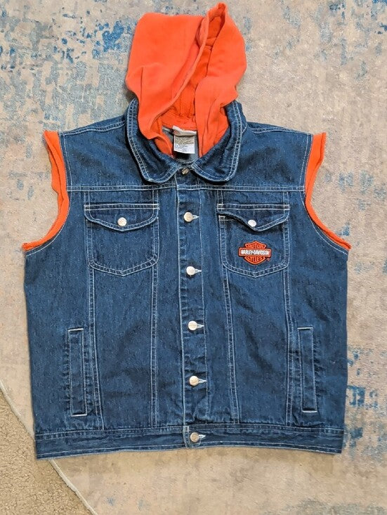 Harley-Davidson Orange Hooded Denim Jean Vest Men's Large (14/16) US New