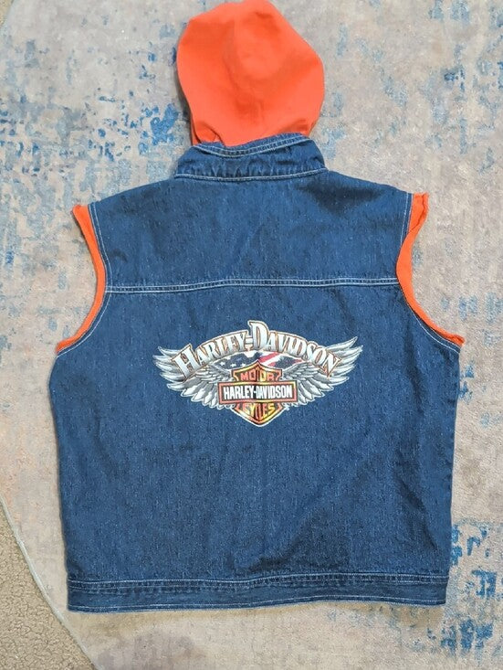 Harley-Davidson Orange Hooded Denim Jean Vest Men's Large (14/16) US New