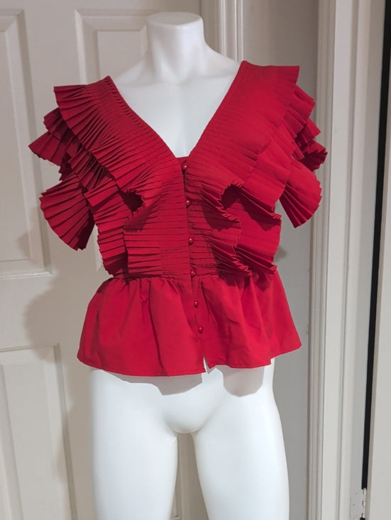 Aveloria Red Pleated V-Neck Peplum Blouse Women's Medium US