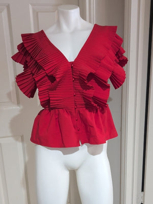Aveloria Red Pleated V-Neck Peplum Blouse Women's Medium US