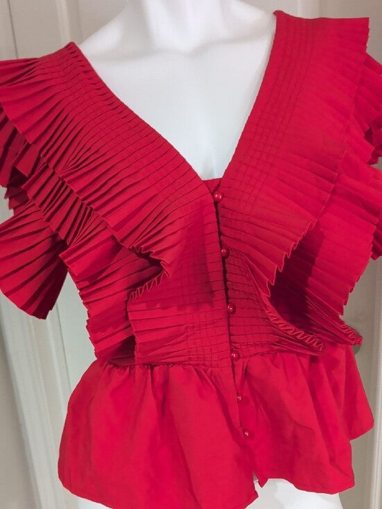 Aveloria Red Pleated V-Neck Peplum Blouse Women's Medium US