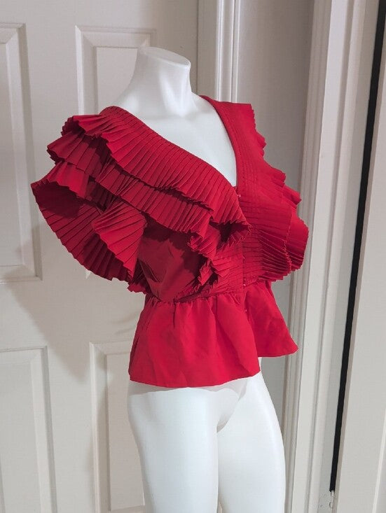 Aveloria Red Pleated V-Neck Peplum Blouse Women's Medium US