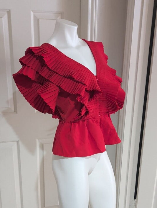 Aveloria Red Pleated V-Neck Peplum Blouse Women's Medium US