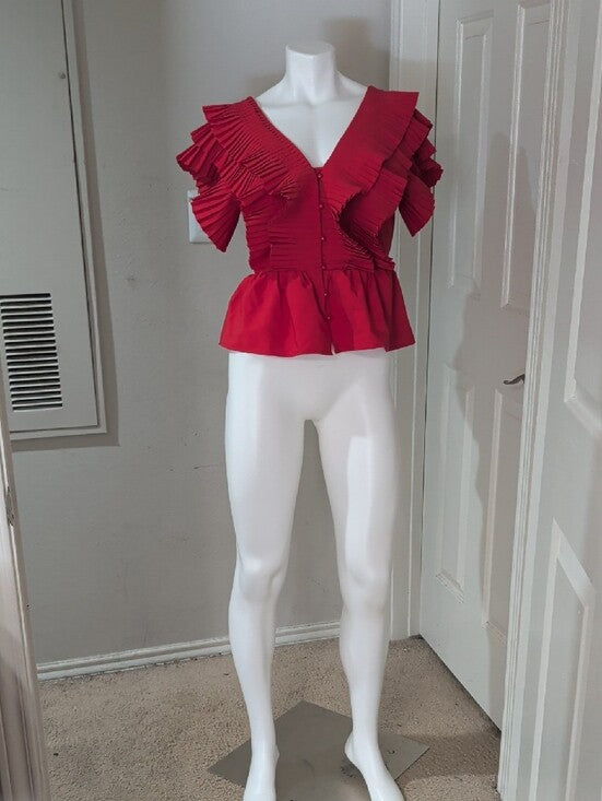 Aveloria Red Pleated V-Neck Peplum Blouse Women's Medium US
