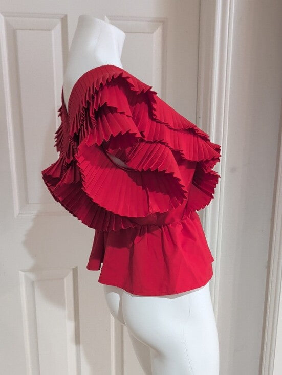 Aveloria Red Pleated V-Neck Peplum Blouse Women's Medium US