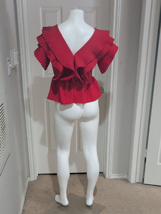 Aveloria Red Pleated V-Neck Peplum Blouse Women's Medium US