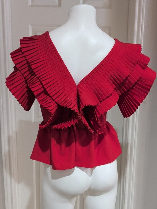 Aveloria Red Pleated V-Neck Peplum Blouse Women's Medium US
