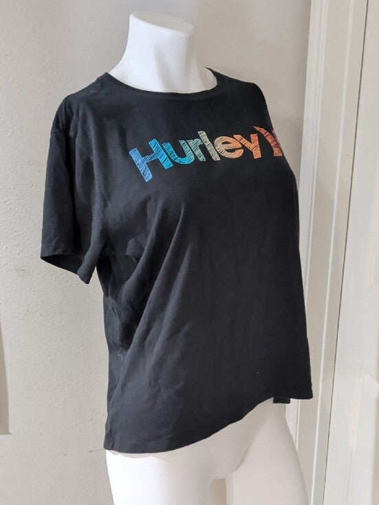 Hurley Black Short Sleeve Tee with Rainbow Logo Women's Large