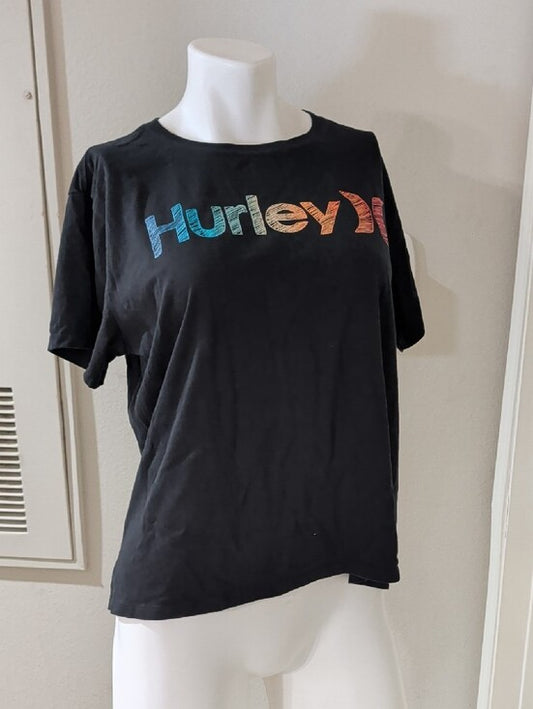 Hurley Black Short Sleeve Tee with Rainbow Logo Women's Large