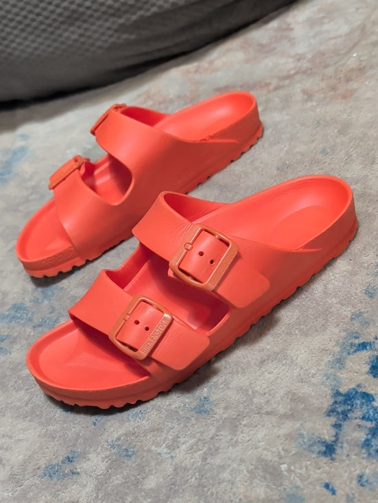 Birkenstock Style Women's Two-Strap Slide Sandals in Bright Coral Women's 37 EUR/ 6.5 US