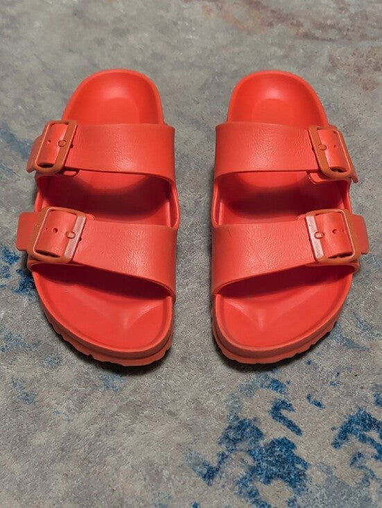 Birkenstock Style Women's Two-Strap Slide Sandals in Bright Coral Women's 37 EUR/ 6.5 US