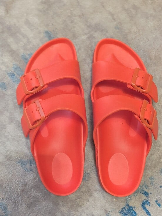 Birkenstock Style Women's Two-Strap Slide Sandals in Bright Coral Women's 37 EUR/ 6.5 US