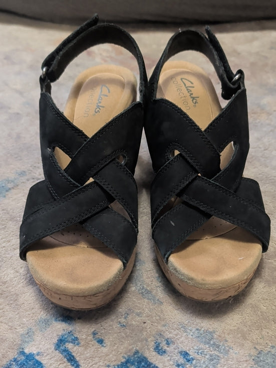 Clarks Black Suede Crisscross Slingback Wedge Sandals Women's 6 US