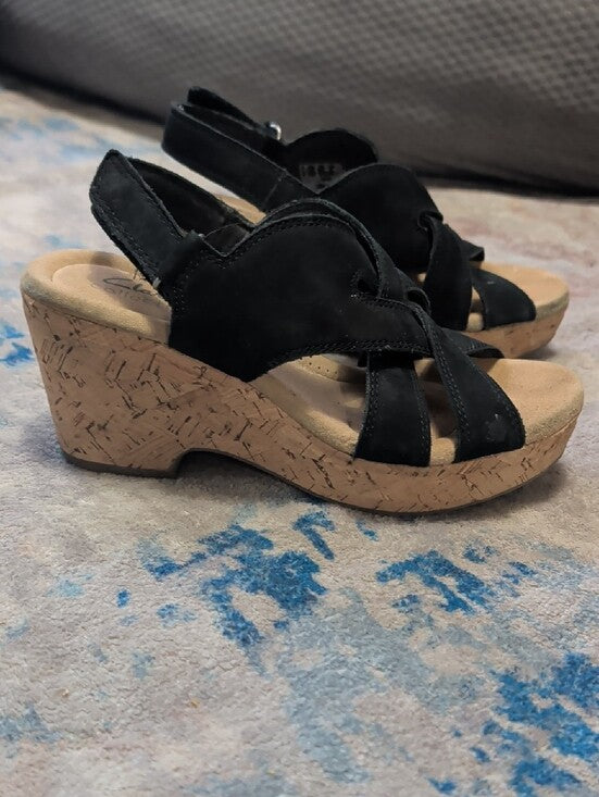 Clarks Black Suede Crisscross Slingback Wedge Sandals Women's 6 US