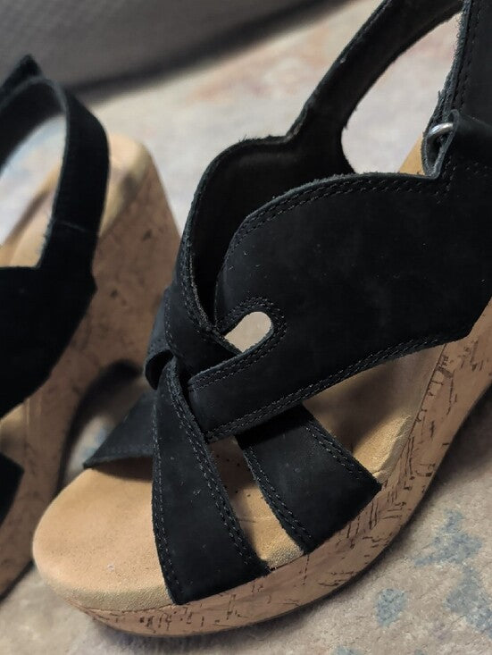 Clarks Black Suede Crisscross Slingback Wedge Sandals Women's 6 US