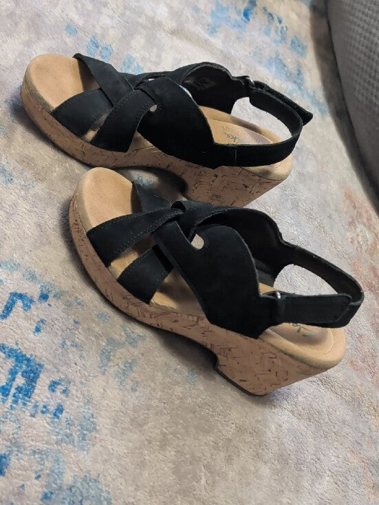 Clarks Black Suede Crisscross Slingback Wedge Sandals Women's 6 US