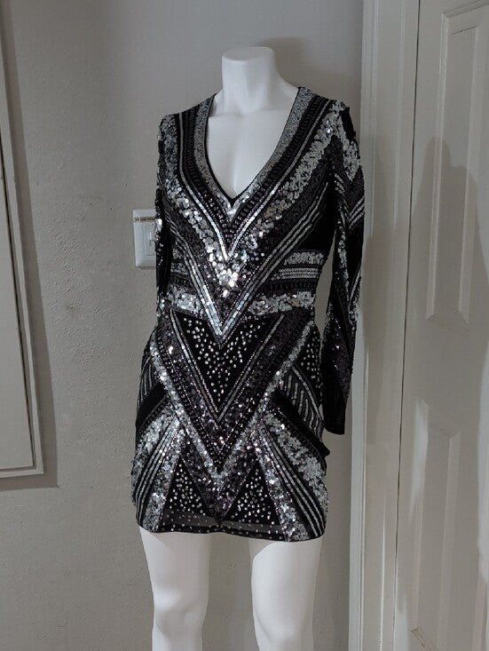 Express Black and Silver Sequin V-Neck Long Sleeve Dress Retro Women's Small