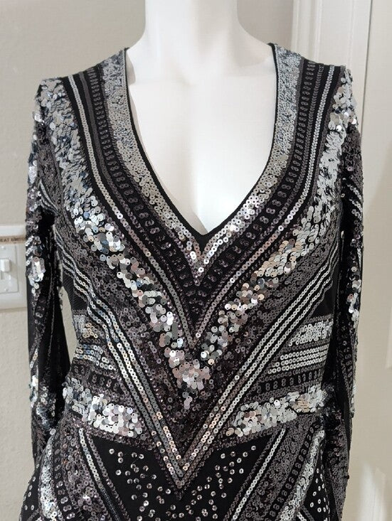 Express Black and Silver Sequin V-Neck Long Sleeve Dress Retro Women's Small