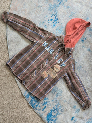 Harley-Davidson Kids Brown Plaid Button-Down Shirt with Rust Hood Boy's 6 US