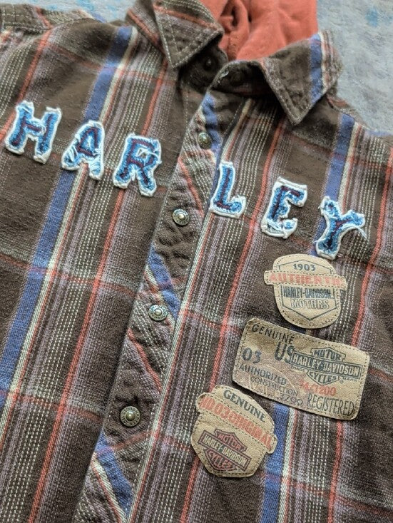 Harley-Davidson Kids Brown Plaid Button-Down Shirt with Rust Hood Boy's 6 US